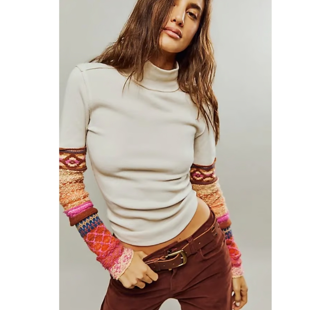 Free People Ivory Top with Colorful Patterned Sleeves